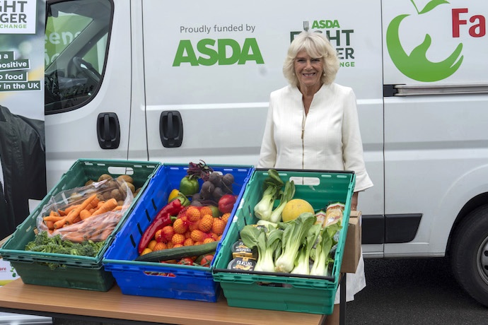 HRH The Duchess of Cornwall with some produce from ASDA,  donated to FareShare SW