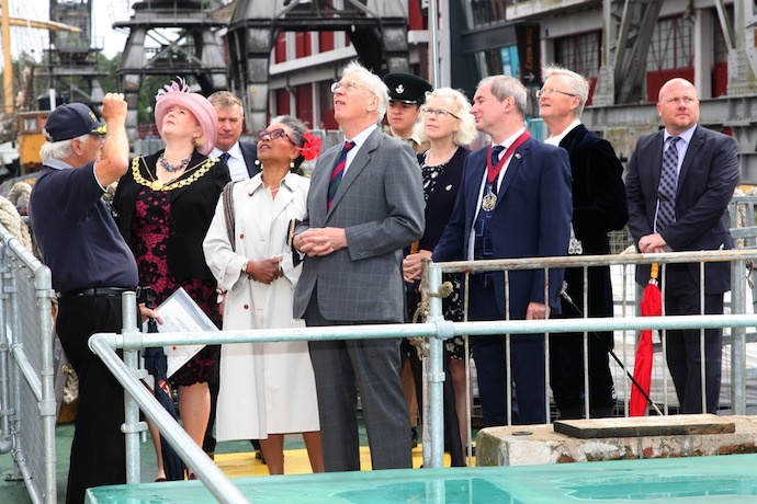 Alderman Royston Griffey (Chair, The Matthew of Bristol Trust) explains the flags flying on the Matthew to Lord Mayor Cllr Mrs Jos Clarke, High Sheriff Mr Charles Wyld and Consort, Stephen Williams (Consort to Lord Mayor), Tony Nichols (Harbour Maste