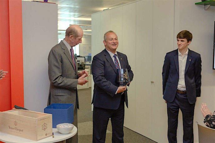 HRH presents the Queen’s Award crystal to Ultrahaptic Managing Director Steve Cliffe and Founder Tom Carter