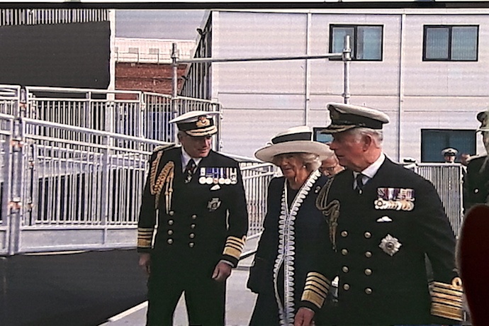 TRH The Duke and Duchess of Rothesay accompanied by Admiral Sir Philip Jones.