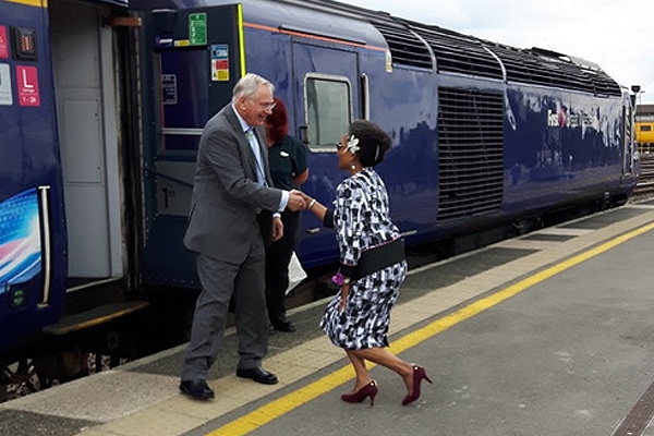 Lord-Lieutenant Mrs Peaches Golding OBE greets HRH The Duke of Gloucester on arrival at Bristol Temple Meads railway station.