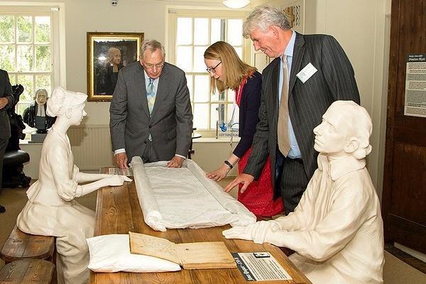HRH shown historical documents in the New Room Museum by Ms Kate Rogers, Collection Manager and Mr Gary Best, New Room Warden.